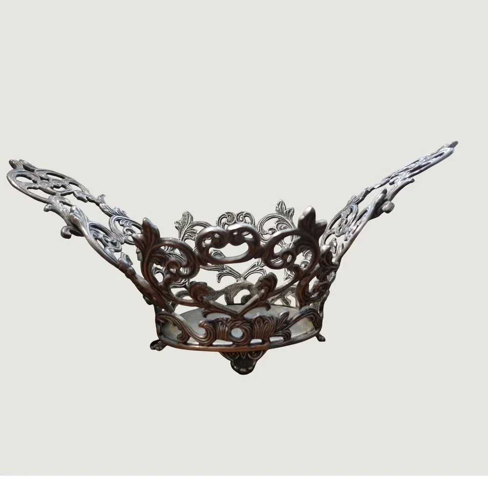 vintage pewter oval Victorian basket‎ ornate decor metal freestanding